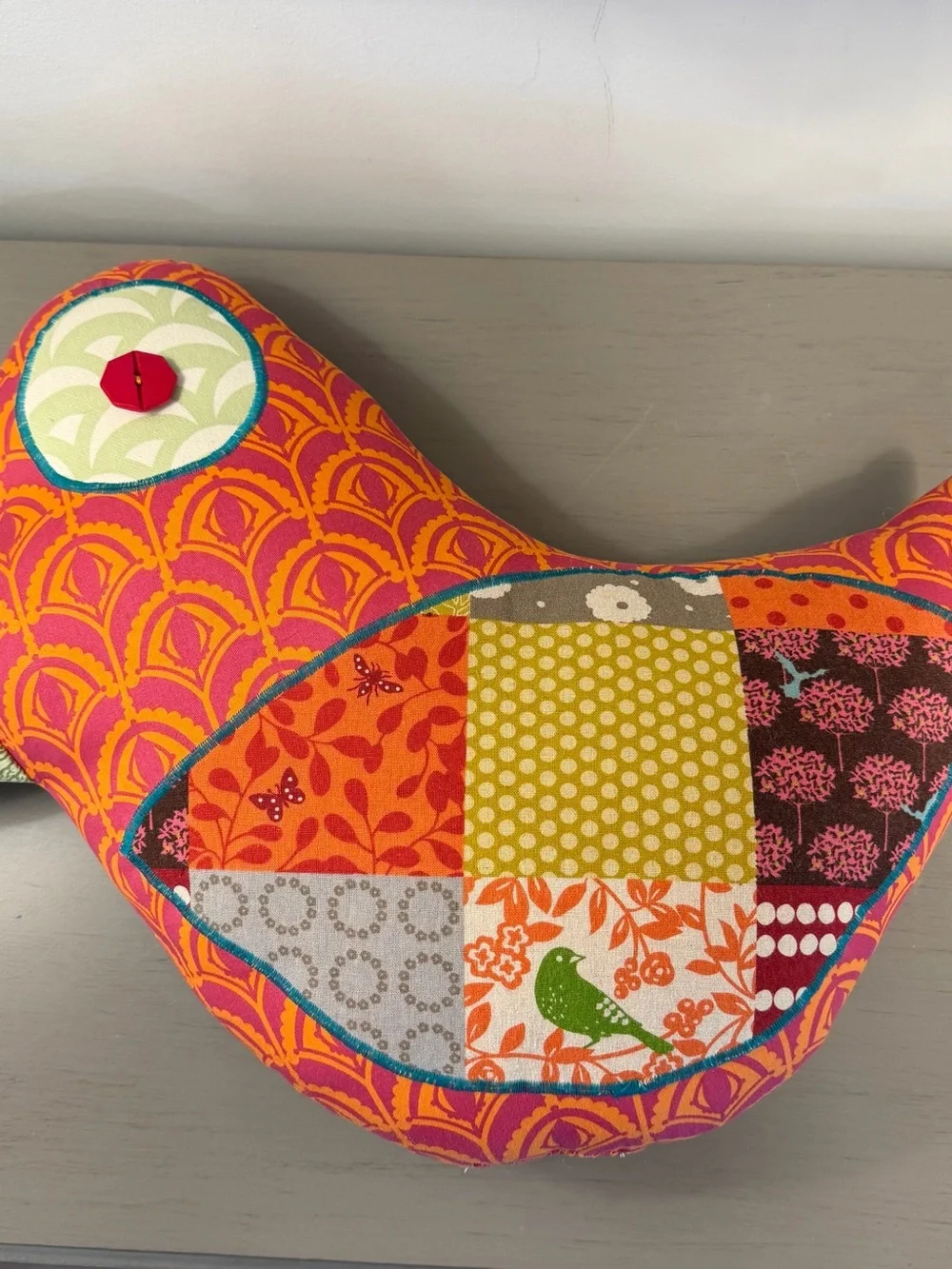Handmade Patchwork Bird Accent Pillow Boho Folk Art Whimsical Bird Button Eye